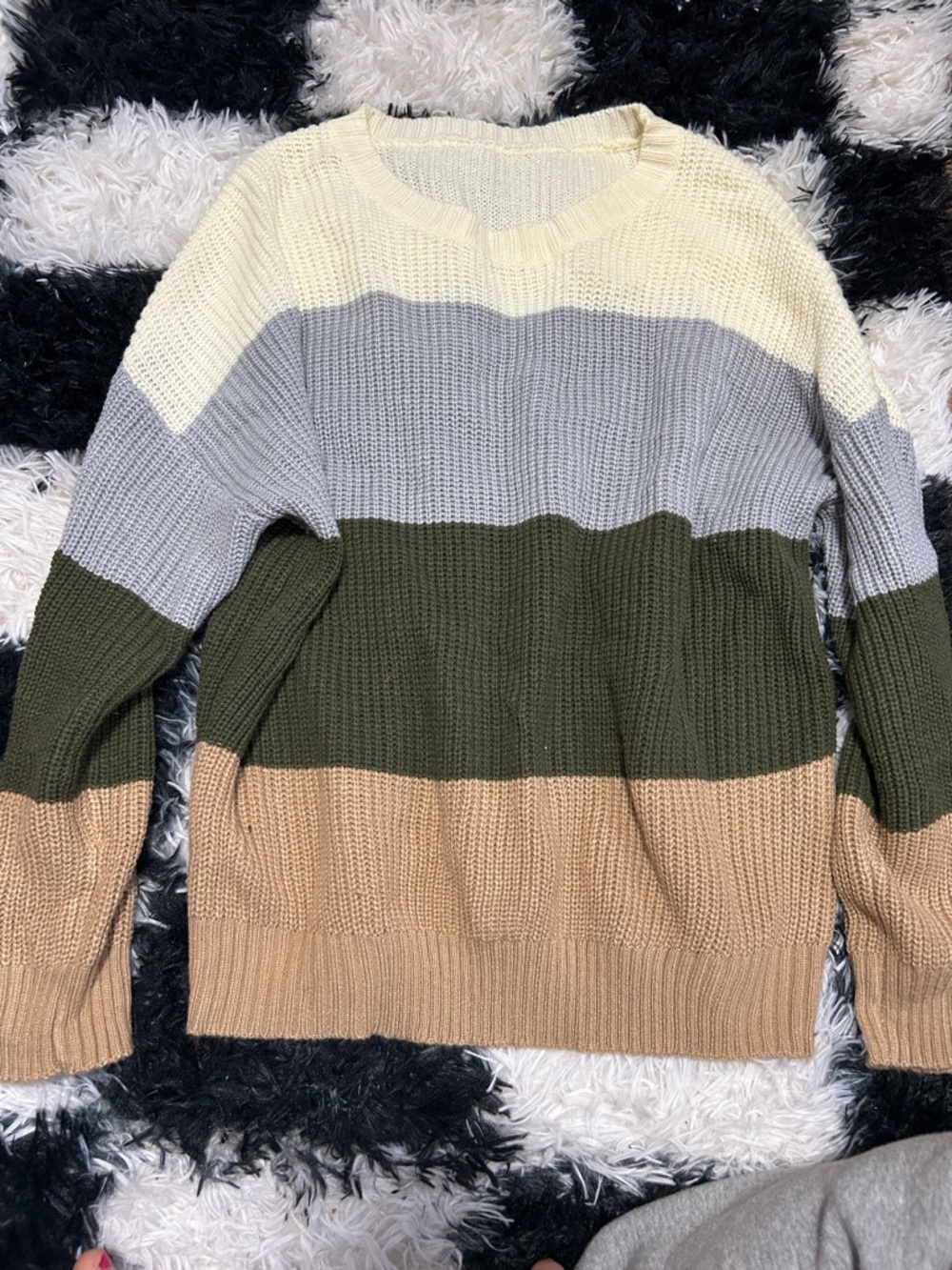 SHEIN Cream Gray Olive Tan Colorblock Crewneck Sweater